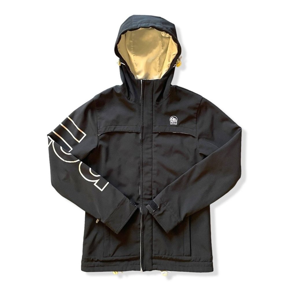 Neff Jacket Mens Medium Black Fleece Lined Hooded Full Zip Logo Soft Shell Coat